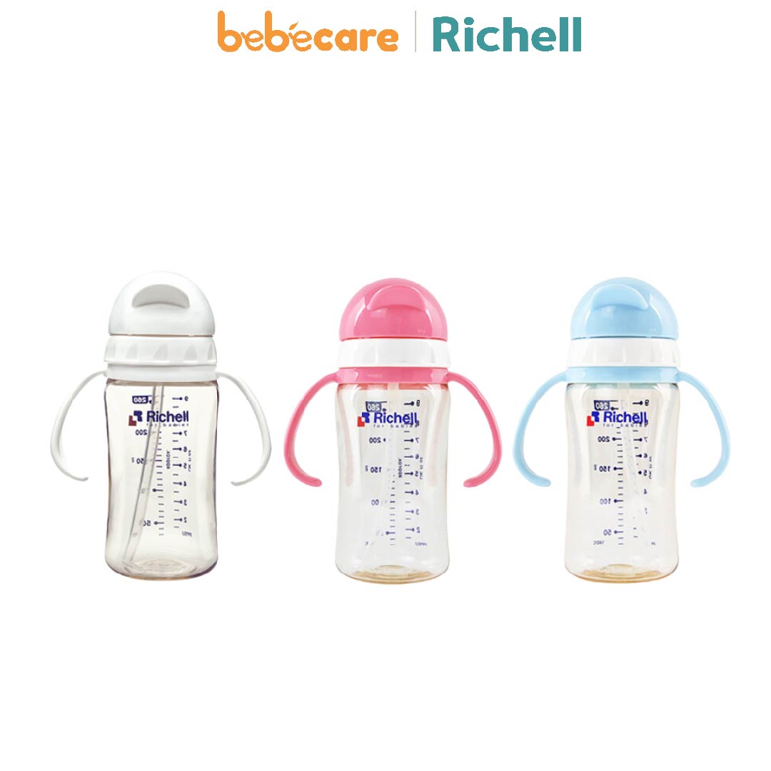 Richell 1 (1080)-Bình Có Ống Hút PPSU Richell 260ml (Trắng - Hồng - Xanh)